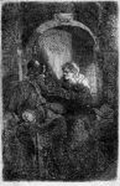 A Woman At A Door Hatch Talking To A Man And Children (theschoolmaster) Oil Painting by Rembrandt Van Rijn