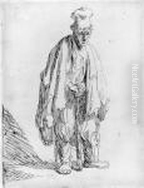 A Beggar In A High Cap, Standing And Leaning On A Stick Oil Painting by Rembrandt Van Rijn