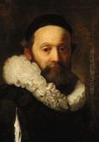 Portrait Of A Rabbi, Bust-length, In A Black Cap And Ruff Oil Painting by Rembrandt Van Rijn