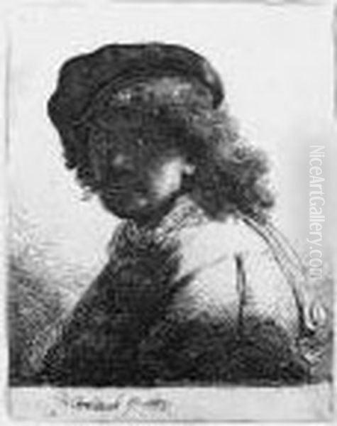 Self Portrait In A Cap And Scarf With The Face Dark Oil Painting by Rembrandt Van Rijn