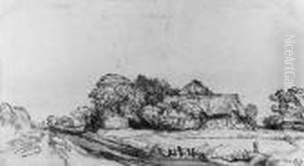 A Landscape With A Road Near A Farmhouse Among Trees Oil Painting by Rembrandt Van Rijn