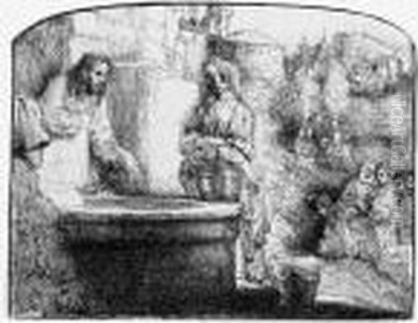 Christ And The Woman Of Samaria: An Arched Print Oil Painting by Rembrandt Van Rijn