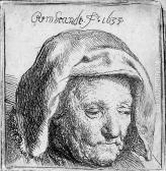 The Artist's Mother In A Cloth Headdress, Looking Down: Headonly Oil Painting by Rembrandt Van Rijn