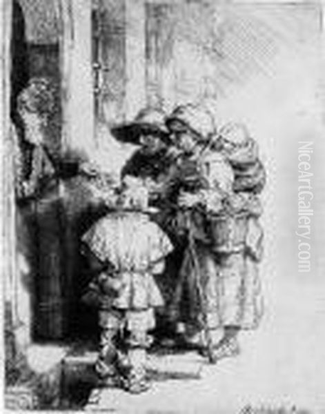 Beggars Receiving Alms At The Door Of A House Oil Painting by Rembrandt Van Rijn