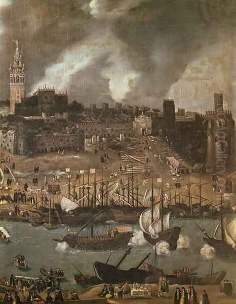 An Expedition Setting out from Seville for America in 1498 Oil Painting by Alonso Sanchez Coello