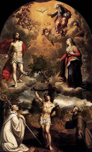 St Sebastian between St Bernard and St Francis Oil Painting by Alonso Sanchez Coello