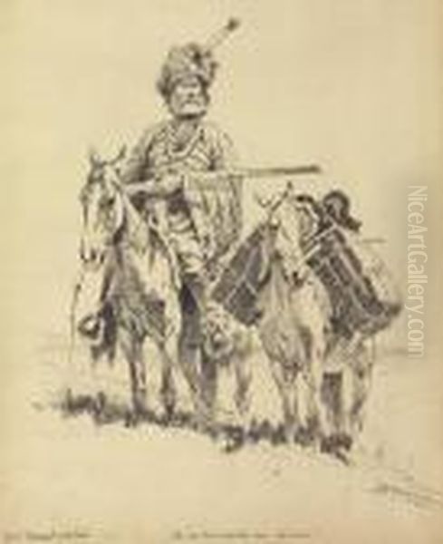 An Old-time Mountain Man With His Ponies Oil Painting by Frederic Remington