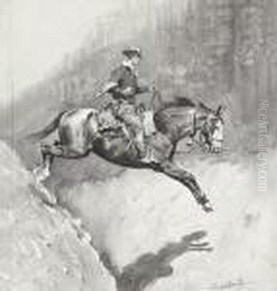 The Bell-mare Over A Bad Place Oil Painting by Frederic Remington