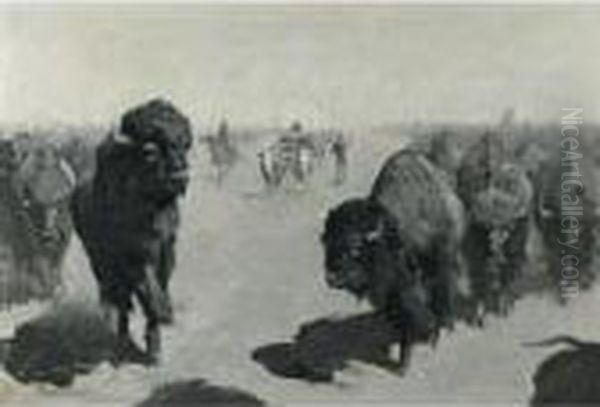 Lane Through The Buffalo Herd Oil Painting by Frederic Remington