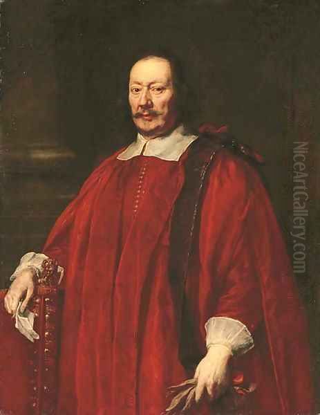 Portrait of a gentlemen, three-quarter-length, in crimson robes of office, resting his right hand on a chair with a letter Oil Painting by Justus Sustermans