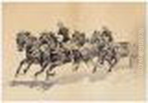 Team Of Calvary Horses Pulling A Caisson Oil Painting by Frederic Remington