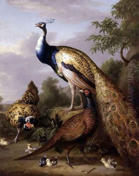 Peacock, Hen and Cock Pheasant in a Landscape Oil Painting by Tobias Stranover