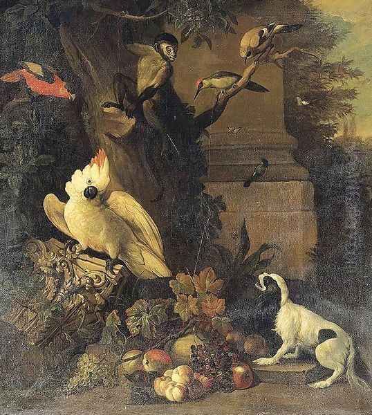 A Monkey, a Dog and Various Birds in a Landscape Oil Painting by Tobias Stranover