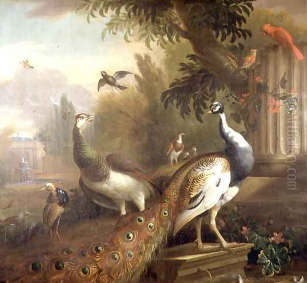 Peacock and Peahen with a Red Cardinal in a Classical Landscape Oil Painting by Tobias Stranover