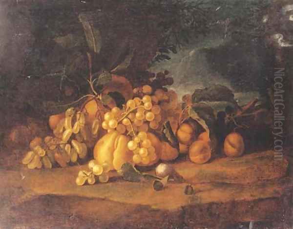 Grapes, peaches and plums on a forest floor Oil Painting by Tobias Stranover