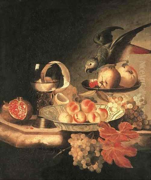 A wanli-kraak porselein bowl of peaches, a peeled lemon in a roemer Oil Painting by Tobias Stranover