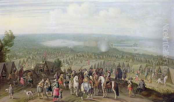 A Military Encampment with Militia on Horses, Troops and a Fortified Town Oil Painting by Pieter Snayers