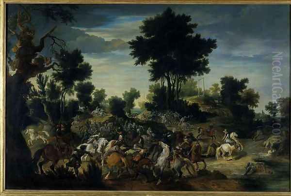 Riders advancing into a brook, 1601-15 Oil Painting by Pieter Snayers