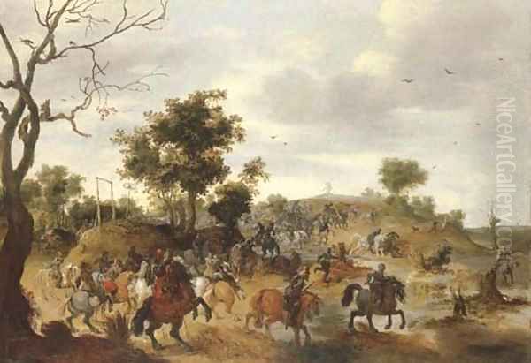 A landscape with a cavalry battle, gallows and a windmill beyond Oil Painting by Pieter Snayers