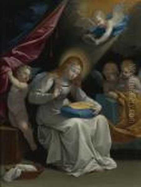 The Virgin Sewing, Accompanied By Four Angels, Known As La Couseuse Oil Painting by Guido Reni