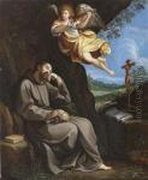 Saint Francis In Contemplation, With A Music-making Angel Oil Painting by Guido Reni