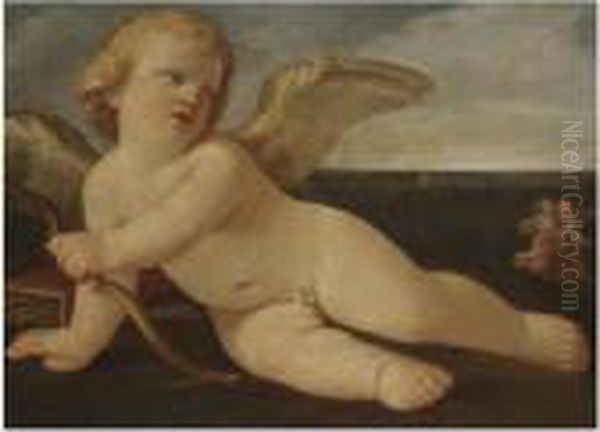 Cupid Resting With A Woman Chasing A Man In The Background Oil Painting by Guido Reni