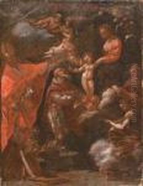 Vierge A L'enfant Avec Un Saint 
Eveque, Un Saint Agenouille (saintcharles Borromee Et Saint Philipe Neri
 ), Et Deux Musiciennessacrees (etude) Oil Painting by Guido Reni