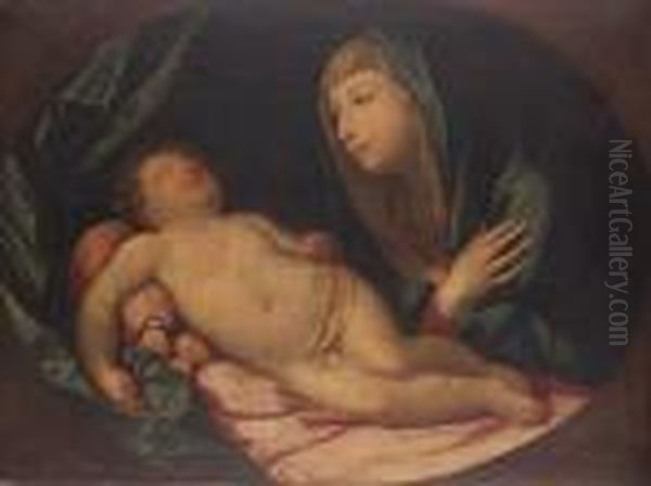 The Madonna And The Sleeping Christ Child, In A Painted Oval Oil Painting by Guido Reni