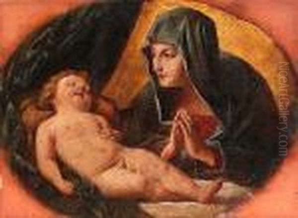 The Madonna And Sleeping Child, In A Painted Oval Oil Painting by Guido Reni