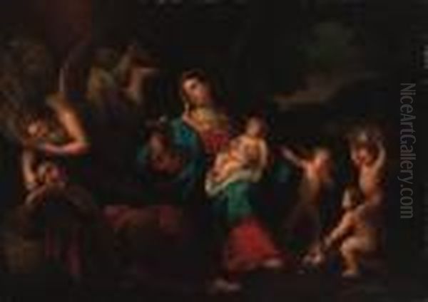 The Holy Family With An Angel And Putti In A Landscape Oil Painting by Guido Reni