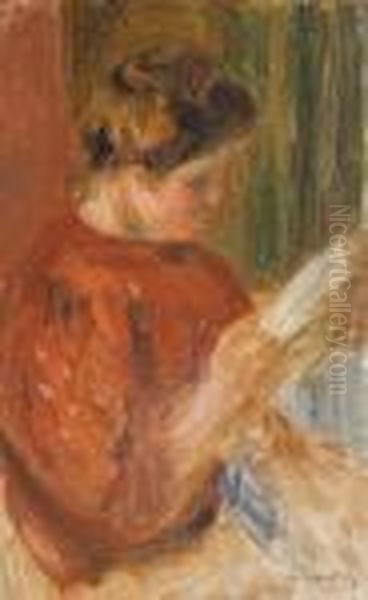 Femme En Rouge Lisant Oil Painting by Pierre Auguste Renoir