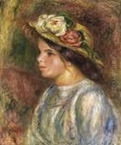 Buste De Femme, Chapeau De Paille Garni Oil Painting by Pierre Auguste Renoir