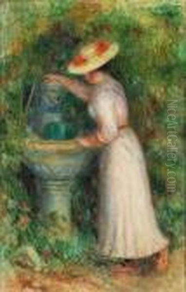 La Fontaine Ou Jeune Fille Pres D'une Fontaine Oil Painting by Pierre Auguste Renoir