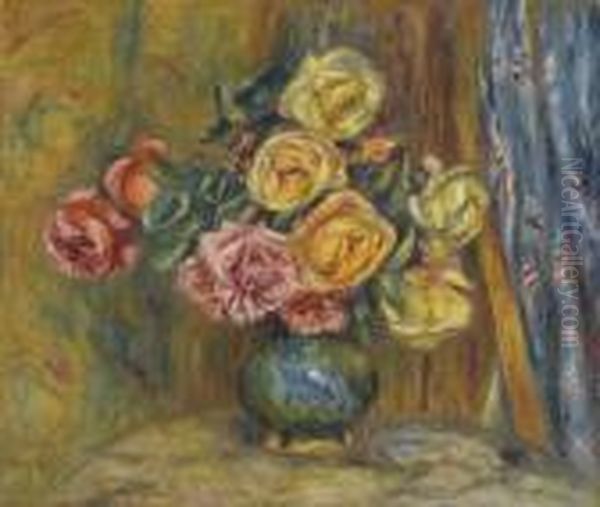 Les Roses Au Rideau Bleu Oil Painting by Pierre Auguste Renoir