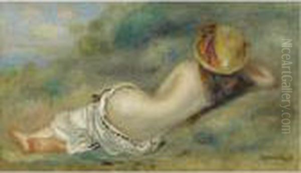 Baigneuse Allongee De Dos Avec Un Chapeau De Paille Oil Painting by Pierre Auguste Renoir