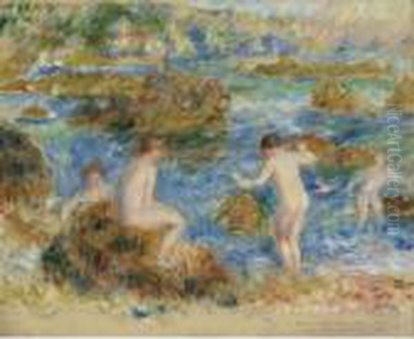 Garcons Nus Dans Les Rochers A Guernsey Oil Painting by Pierre Auguste Renoir