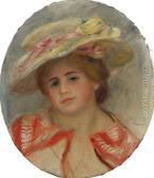 Portrait De Jeune Femme Au Chapeau Fleuri Oil Painting by Pierre Auguste Renoir