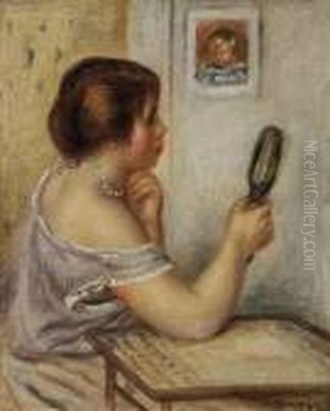 Gabrielle Tenant Un Miroir Ou Marie Dupuis Tenant Un Miroir Avec Unportrait De Coco Oil Painting by Pierre Auguste Renoir