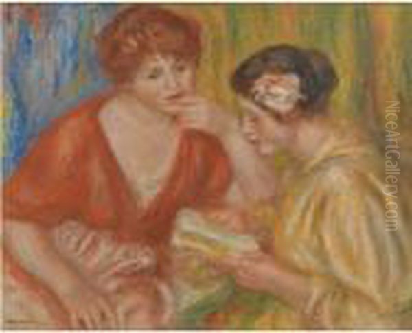 La Lecture, Deux Femmes Aux Corsages Rouge Et Rose Oil Painting by Pierre Auguste Renoir