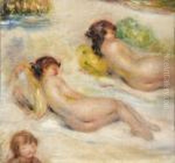 Deux Nus Allonges, Tete D'enfant Et Petit Paysage Oil Painting by Pierre Auguste Renoir