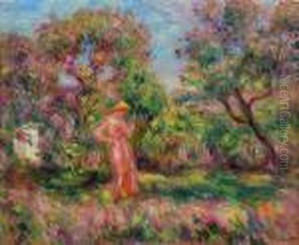 Paysage Avec Femme En Rose Oil Painting by Pierre Auguste Renoir