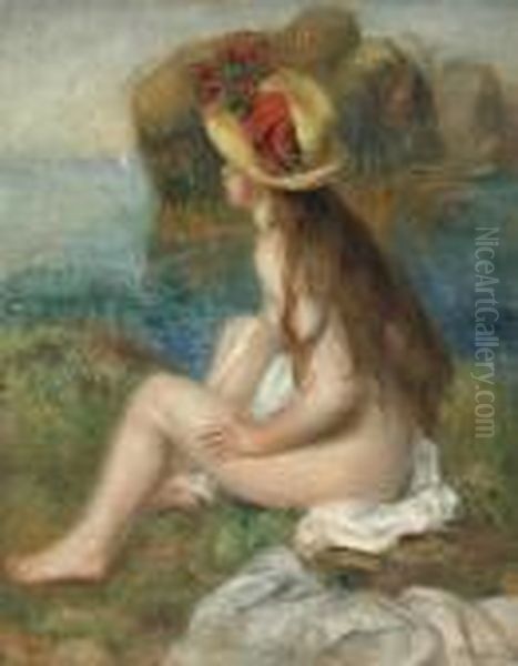 Nu Au Chapeau De Paille Assis En Bordure De Mer Oil Painting by Pierre Auguste Renoir