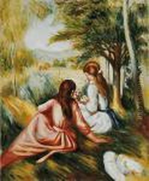 Two Girls In The Meadow (picking Flowers) Oil Painting by Pierre Auguste Renoir