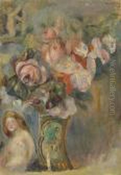 Vase De Fleurs Et Femme Oil Painting by Pierre Auguste Renoir