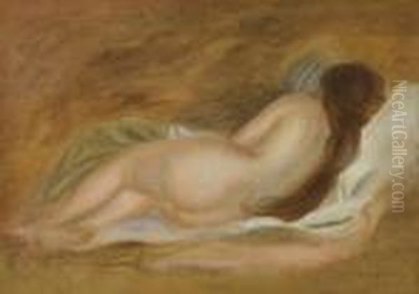 Nu Couche, Vu De Dos, Sur Fond Ocre Oil Painting by Pierre Auguste Renoir