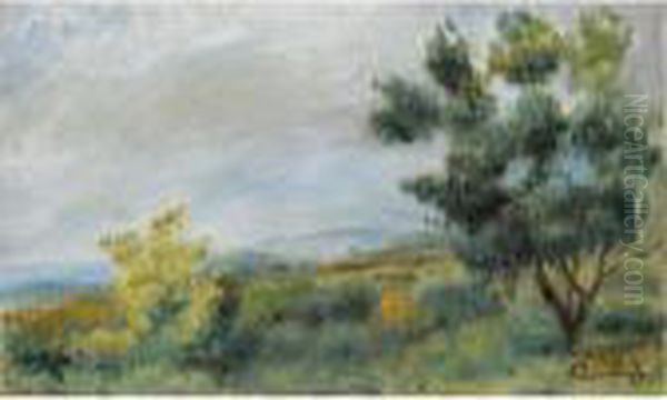 Paysage, Arbres Au Premier Plan Et Fond De Mer Oil Painting by Pierre Auguste Renoir