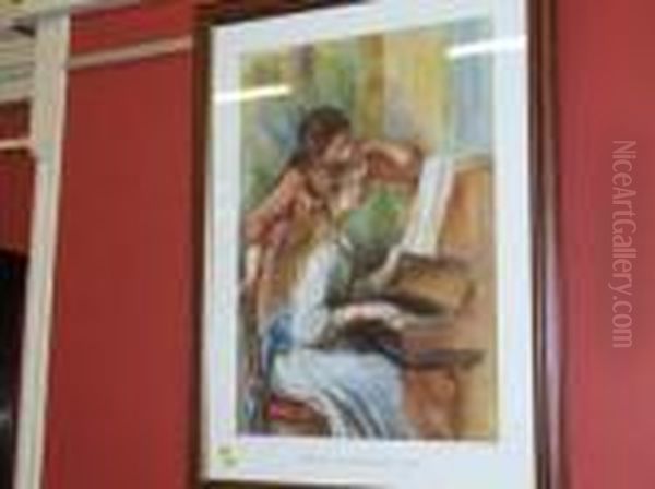 -children At The Piano - Coloured Print Oil Painting by Pierre Auguste Renoir