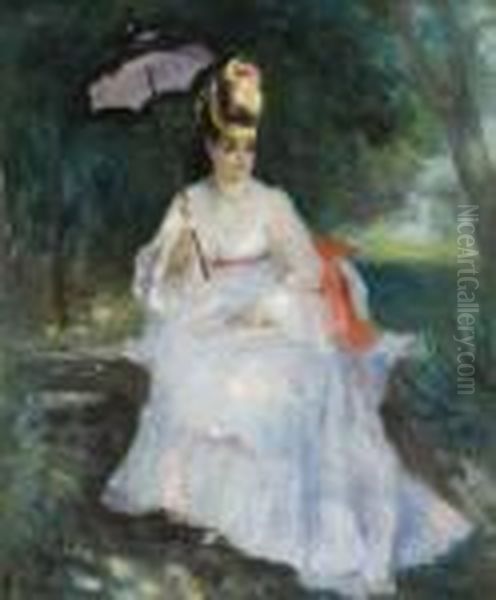 Femme A L'ombrelle Assise Dans Le Jardin (lise Trehot) Oil Painting by Pierre Auguste Renoir