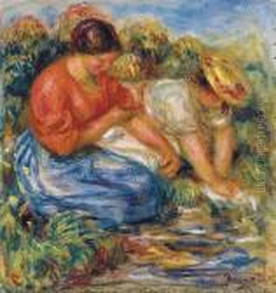 Les Petites Laveuses A Cagnes Oil Painting by Pierre Auguste Renoir