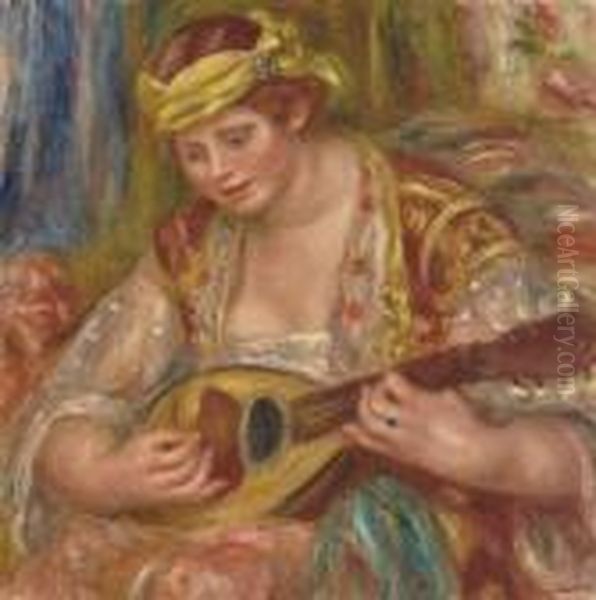 Femme A La Mandoline (andree En Espagnole Avec Un Turban Jaune Etune Mandoline) Oil Painting by Pierre Auguste Renoir